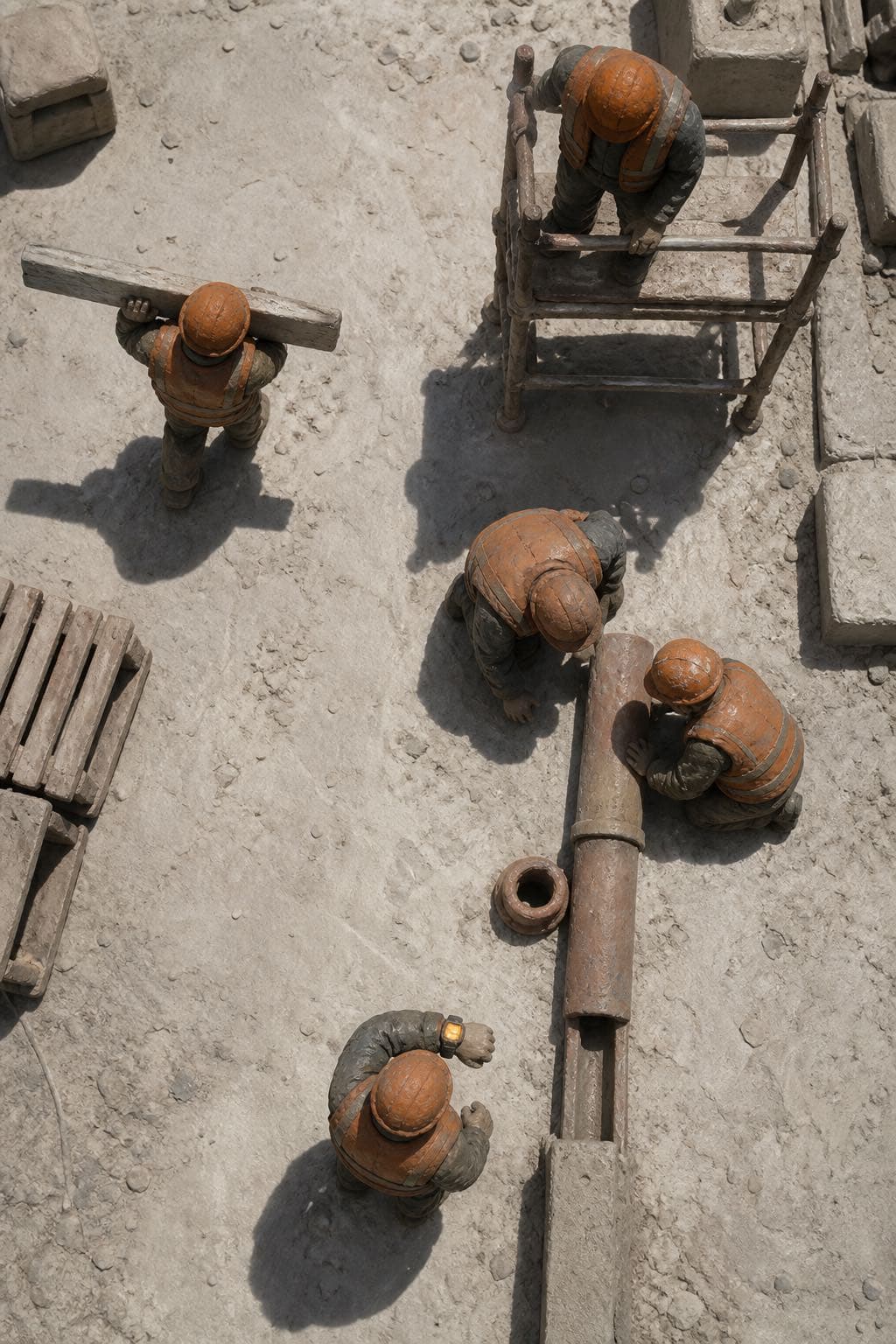 Maqueta de plastilina vista desde arriba: cinco operarios trabajando sobre una solera de hormigón blanqueada por el sol, con sombras cortas y duras. Uno de ellos ha parado y levanta el brazo para mirar su reloj, cuya pantalla está encendida en ámbar