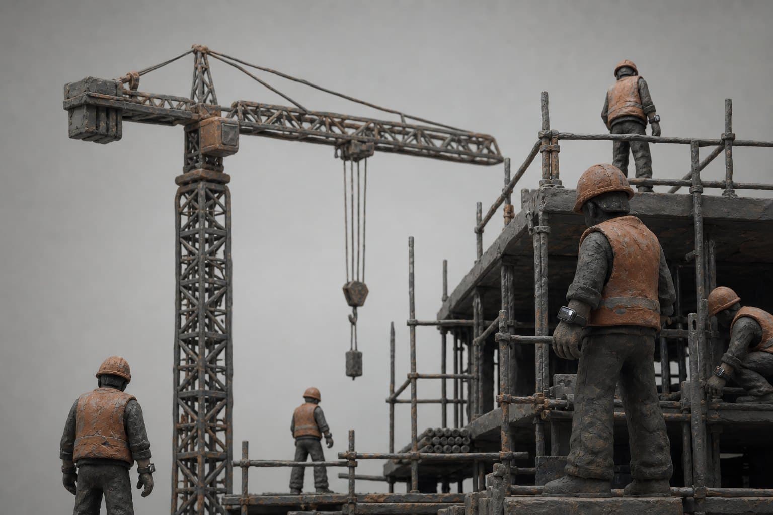 Maqueta de plastilina de una obra industrial: una grúa torre y varios operarios con chaleco y casco, cada uno con un reloj en la muñeca