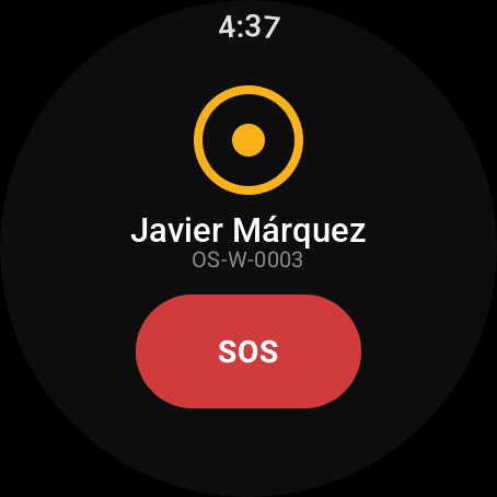Pantalla de inicio del reloj: anillo de estado, nombre del trabajador, serial y botón SOS